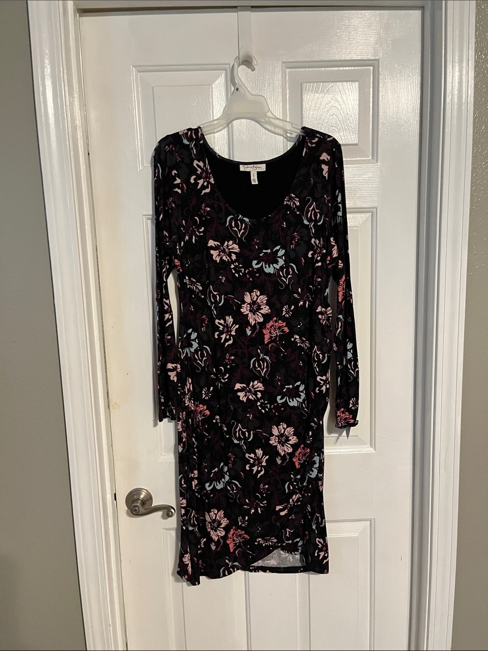 Black Floral Long Sleeve Maternity Dress with Pink & Light Blue Flowers